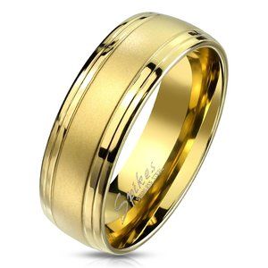 Gold IP Brushed Center and Double Grooved Lines Stainless Steel Ring